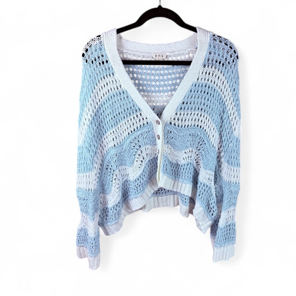 POL Light Blue & White Oversized Crocheted Cardigan - Picture 2 of 7